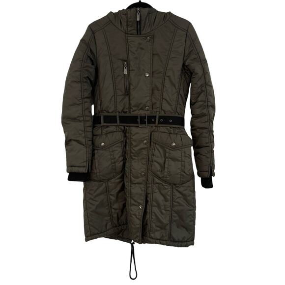 Monton Women's Hooded Coat Size M Adjustable Belt Brown Winter Fur Trim Hood - Picture 1 of 16